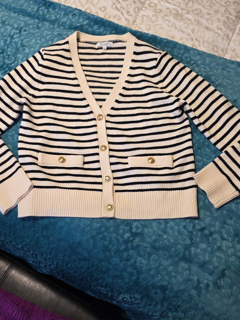 Studio By The Workshop Black & Cream Striped V-Neck w/ Gold Accent Buttons